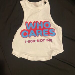 White Graphic Tank Top "WHO CARES"
